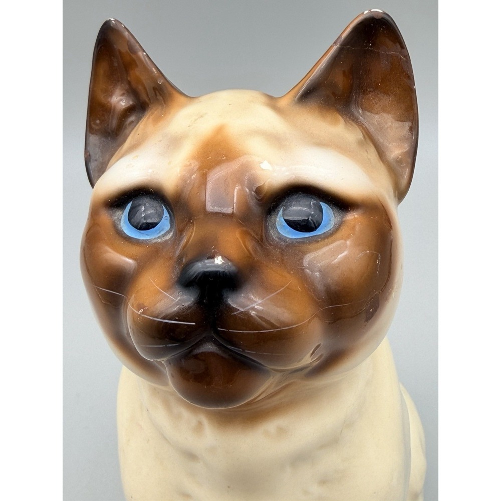Vtg Siamese Cat Figurine Japan Blue Eyes Ceramic Mid Century 10" Statue